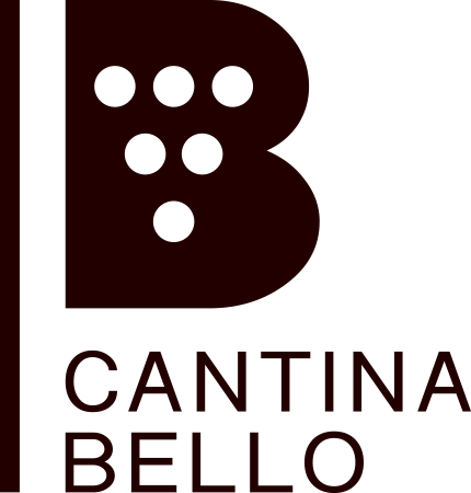 Logo della Cantina Bello. Composto da una lettera B in cui è inscritto un grappolo d'uva stilizzato, composto da 6 punti bianchi posti a mo di triangolo capovolto. Un rettangolo chiude la composizione sul lato sinistro.